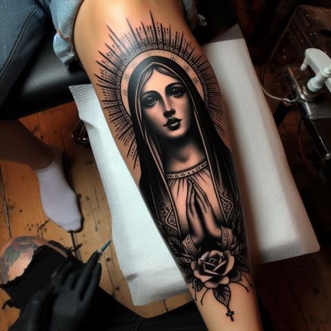 Virgin Mary Tattoo on leg