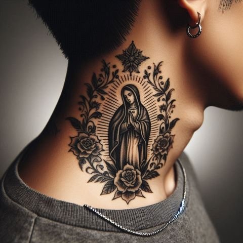 Virgin Mary Tattoo on neck