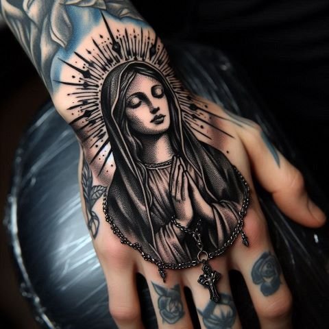 Virgin Mary Tattoo on the Hand