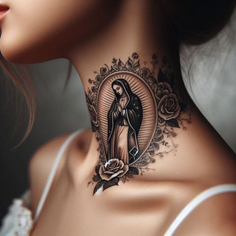 Virgin Mary tattoo on the girl's throat