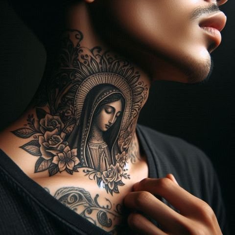 Virgin Mary Throat Tattoo
