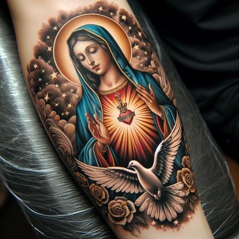 Virgin Mary with Dove Tattoo on the arm