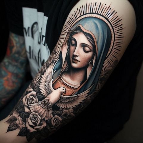 Virgin Mary with Dove Tattoo