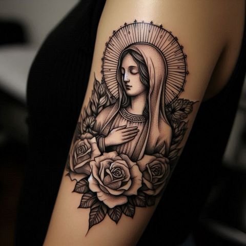 Virgin Mary with Flowers Tattoo