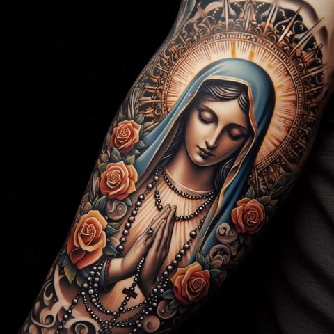 Virgin Mary with Rosary Tattoo