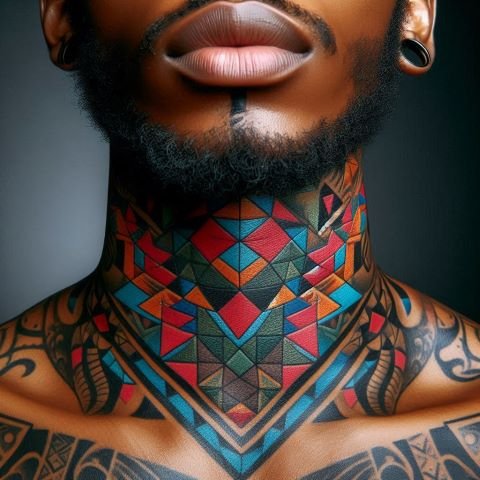 geometric throat tattoo