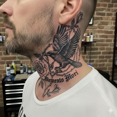memento mori neck tattoo for men