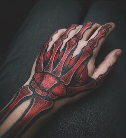 red and black skeleton hand tattoo