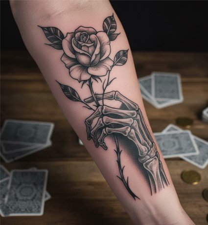 skeleton hand with rose tattoo